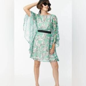 Unique Vintage Smak Parlour Moth Print Caftan Dress, Size M Green 1960s